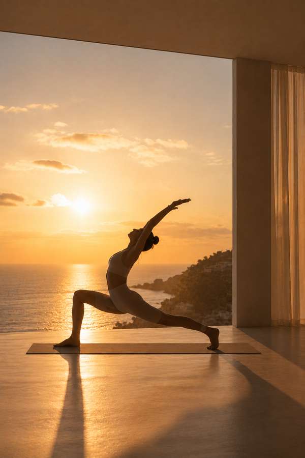 Adult practising a calm outdoor yoga pose in natural surroundings